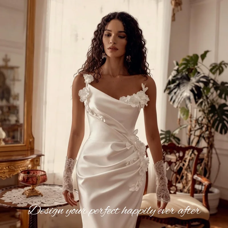 Elegant Bridal Gown Satin Mermaid Asymmetrical Neck 3D Flower Fitted Wedding Dress Vestidos De Novia Customized