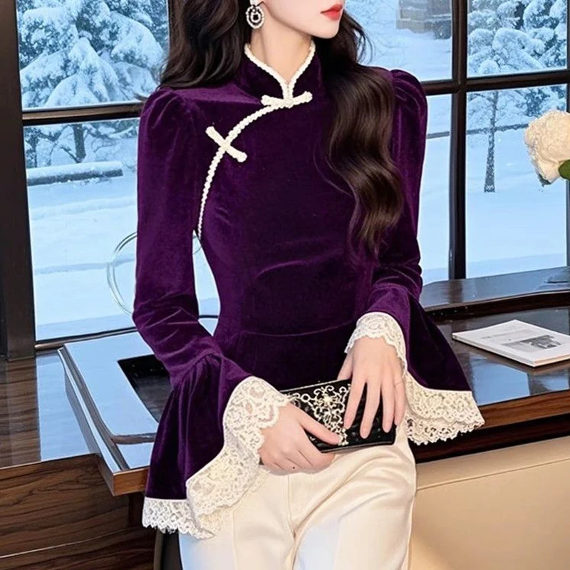 

Women Clothing Chinese Style Vintage Gold Velvet Lace Patchwork T Shirt Winter Elegant Chic Stand Collar Long Sleeve Slim Tops