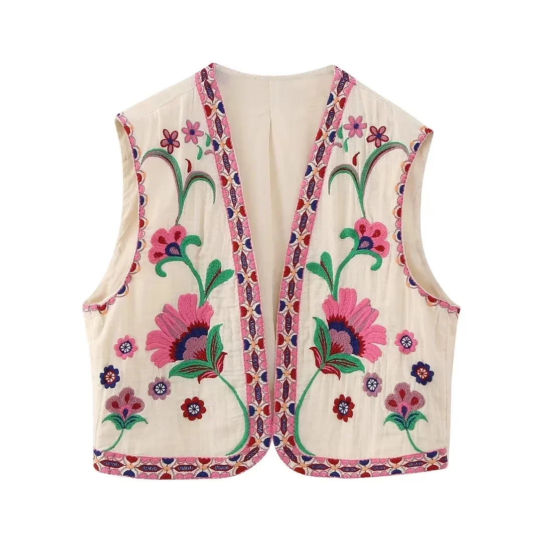 

Women Vintage Floral Embroidered Open WaistCoat Ladies National Style Vest Jacket Outfits Casual Vacation Crop Top