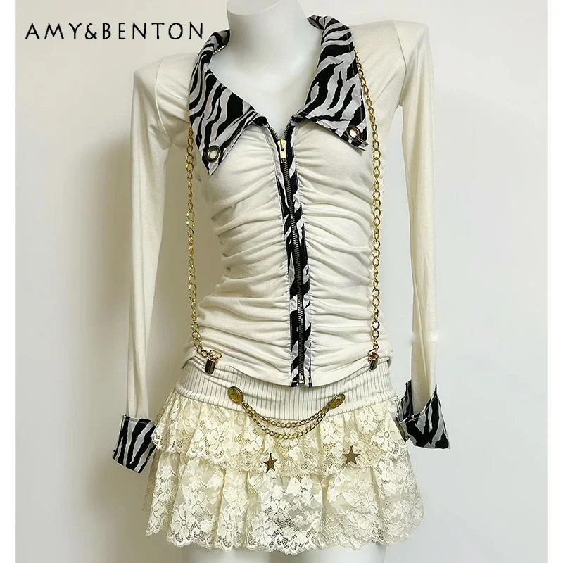 

American Hot Girl Polo Collar Pleated Zipper Cardigan Long Sleeve Women's Top Autumn Winter Versatile Slimming T-shirt Ladies