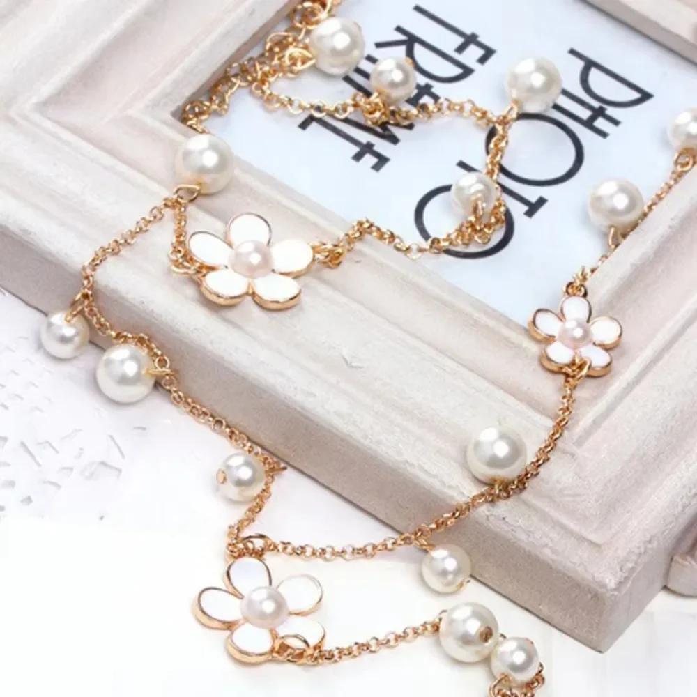 New Flower Long Necklace For Women Fashion Simulated Pearl Jewelry Tassel Perlas Necklaces & Pendants Bijoux Femme Perle