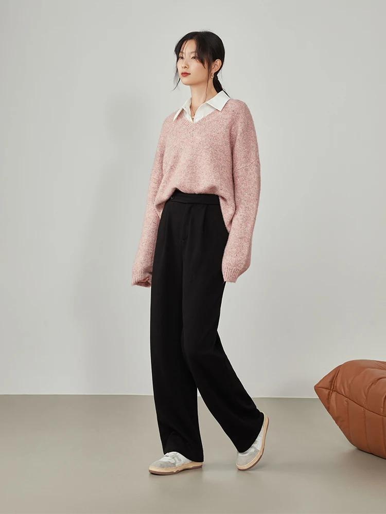 FSLE pantaloni larghi dritti da donna autunno inverno drappo pantaloni a gamba larga a vita alta da donna pantaloni Casual All-match sottili neri