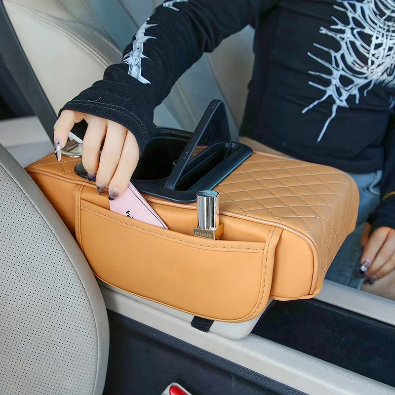 Car Center Console Armrest Cushion Thicken Arm Rest Box Pad Side Extension Cushion with Cup Holder Tissue Box Organizer Bag