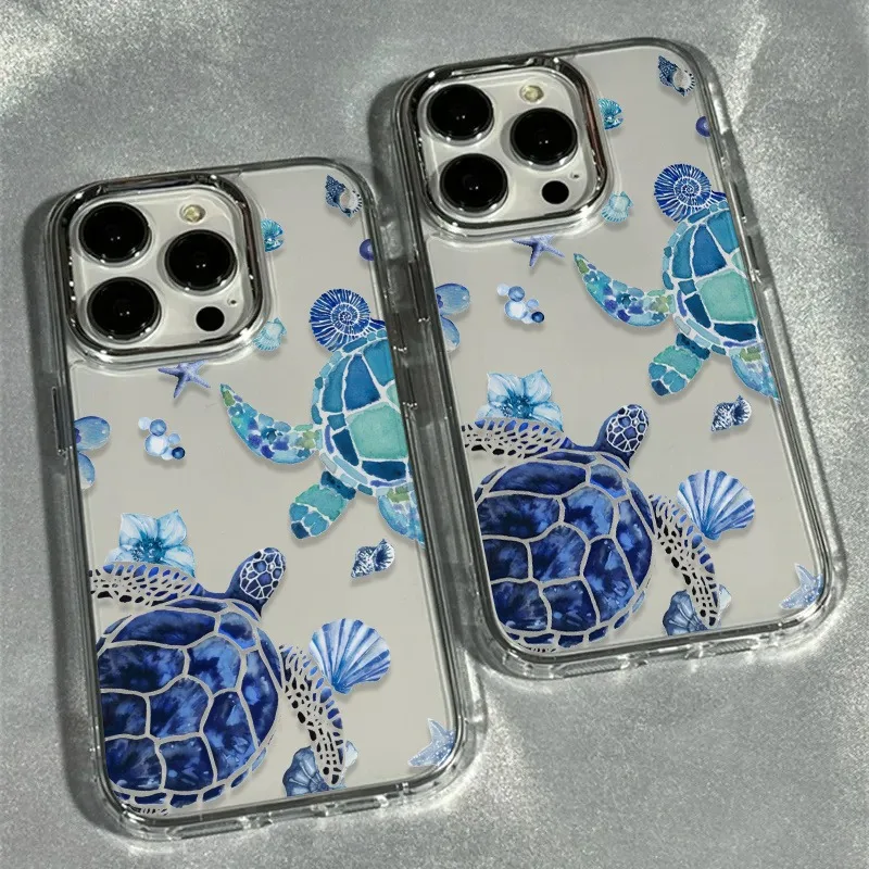 Blaue Serie Schildkröten-Fotorahmen Weiche Handyhülle für Samsung Galaxy S26 S25 S24 S23 Ultra Plus FE 5G Transparente Stoßfeste Schutzhülle
