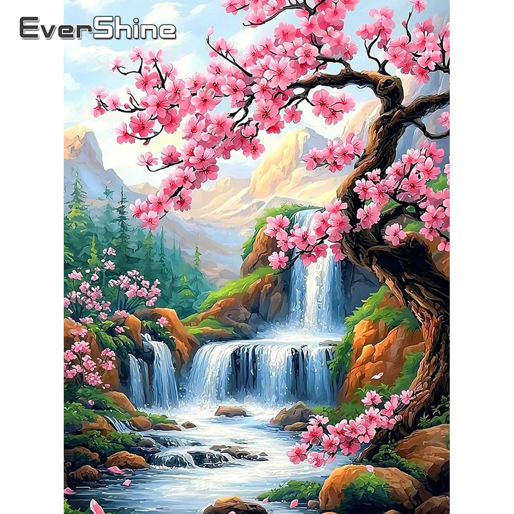 Evershine Wasserfall-Stickerei-Set: Landschafts-Kreuzstich-Set mit Blumenmotiv, 11CT Nadelarbeit-Bild, Bergmotiv, Moderne Heimdekoration