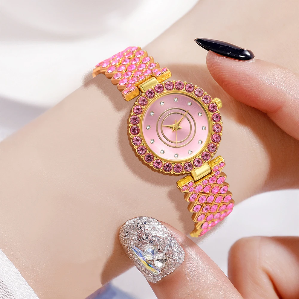 Women Pink Watch 5PCS/Set Fashion Light Luxury Dial Wristwatch Alloy Strap Quartz Watch Heart Shaped Jewelry Set Gift For Her