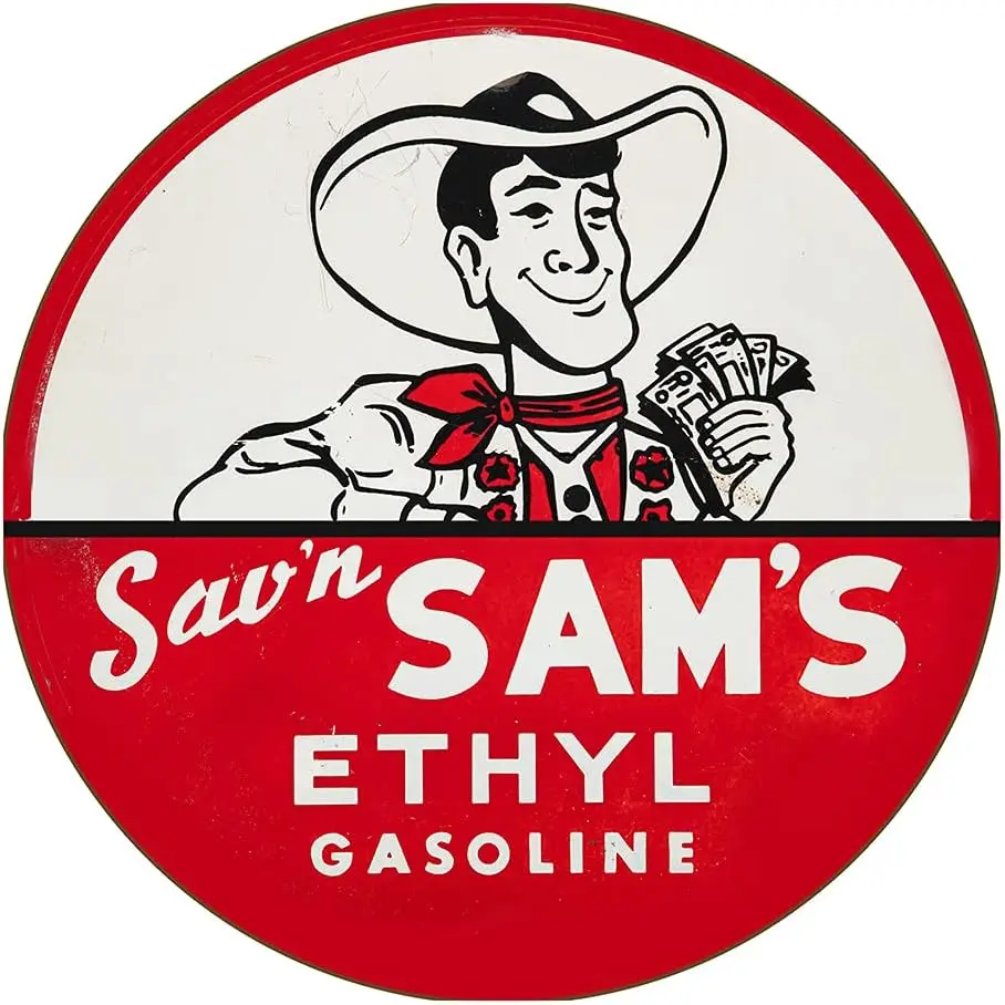 Sav'n Sam's Etyl Gasoline Motor Oil Petroleum Products Cowboy Reproduction Car Company Garage Signs Metal Vintage Style