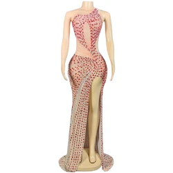 Red Rhinestone Sexy Mesh Dress Women Elegant Evening Crystal Birthday Dresses Party Performance Stage Wear Drag Queen Costume