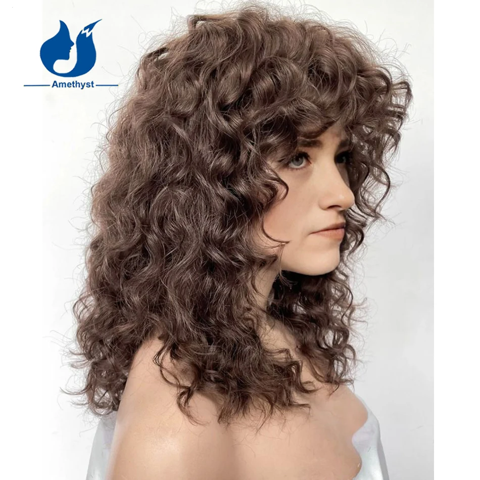 Amethyst Curly Color #3 Brown Human Hair Wig with Bangs Full Machine Made O Scalp Top Remy Soft Hair Wig for Women Wavy