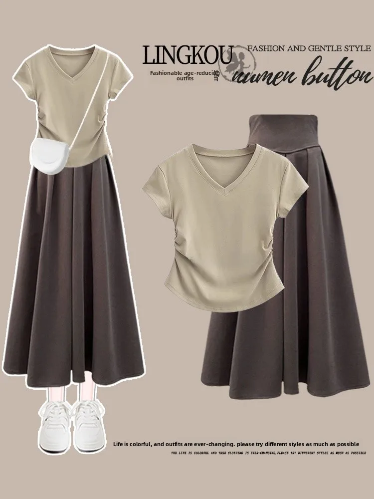 Ele plus Size Summer Outfit Women's  Color V-Ne ort Sve T-irt with Slimming Midi Skirt Two-Piece Set