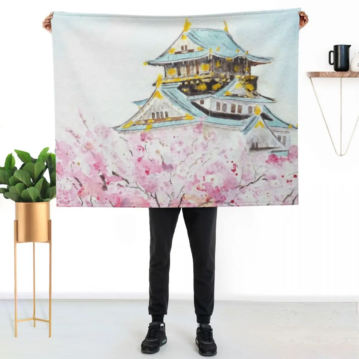 hand painted Japan Osaka castle and sakura watercolor painting Throw Blanket heavy to sleep Winter beds Weighted Blankets