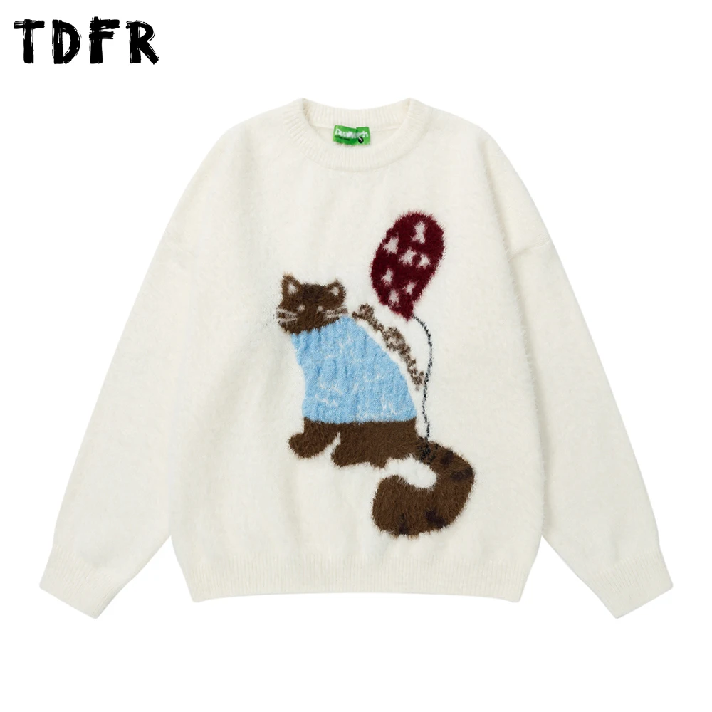 

Жаккардовый свитер с рисунком кота, мужской ретро осенне-зимний повседневный свободный вязаный пуловер с круглым вырезом и длинными рукавами