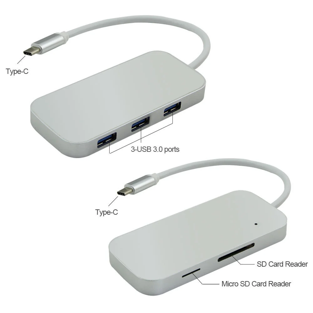 Type-C Hub 5 In 1 USB-C To 3 Port USB 3.0 Hub SD/TF Card Reader Type C Combo Splitter For Laptop PC Desktop Computer Accessories