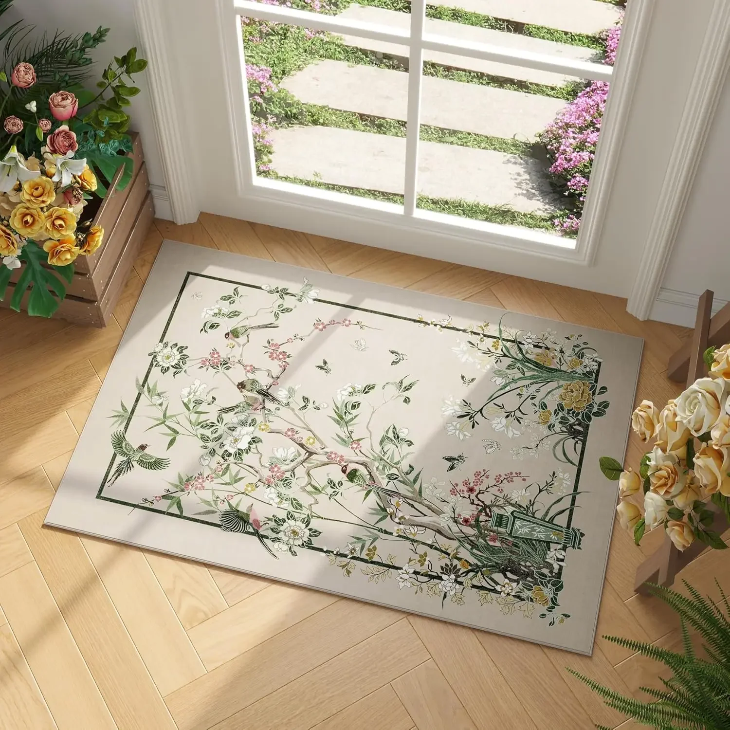 Chinesischer traditioneller Blumen- und Vogelteppich, Pfingstrose, Schmetterling, Bodenmatte, elegante rechteckige Heimdekoration, Wohnzimmer-Bodenmatte