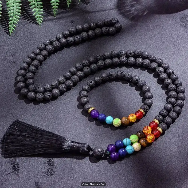 

Handmade Genuine Volcanic Rock 108 Beads Mala Aromatherapy Meditation Jewelry Gift for Her SET