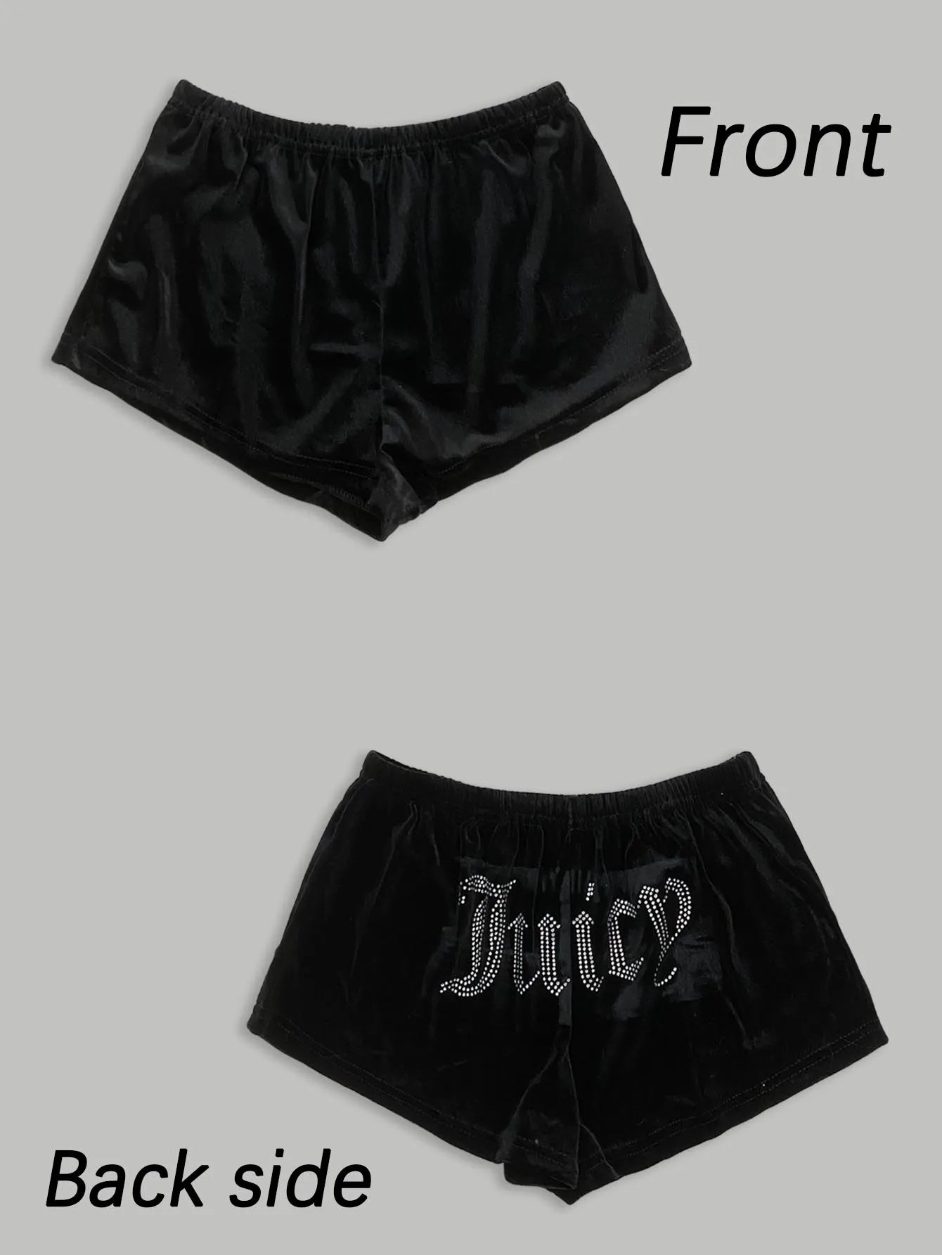 Shorts de terciopelo negro vintage Y2K, cintura alta elástica, estilo gótico con pedrería, estampado de letras, holgados, casuales, tipo hot pants.