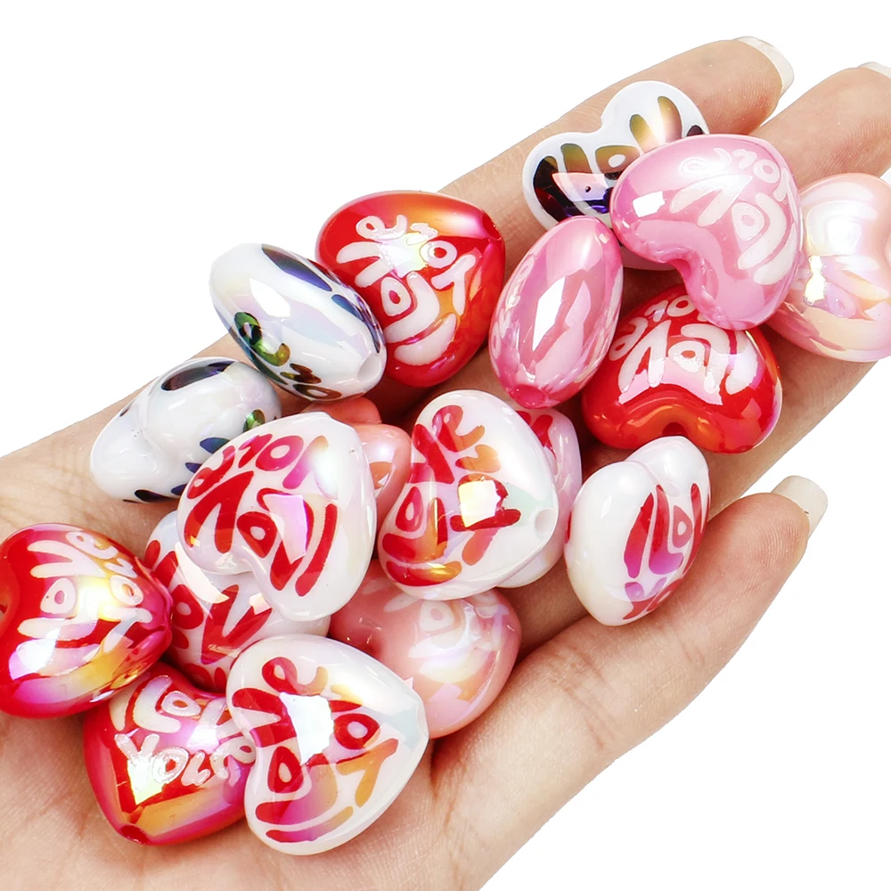 10Pcs Acrylic 3D Love Heart Beads Ab Color Focal Beads for Pens Hairpin Charms Diy Making for Making Bracelet Phone Chain