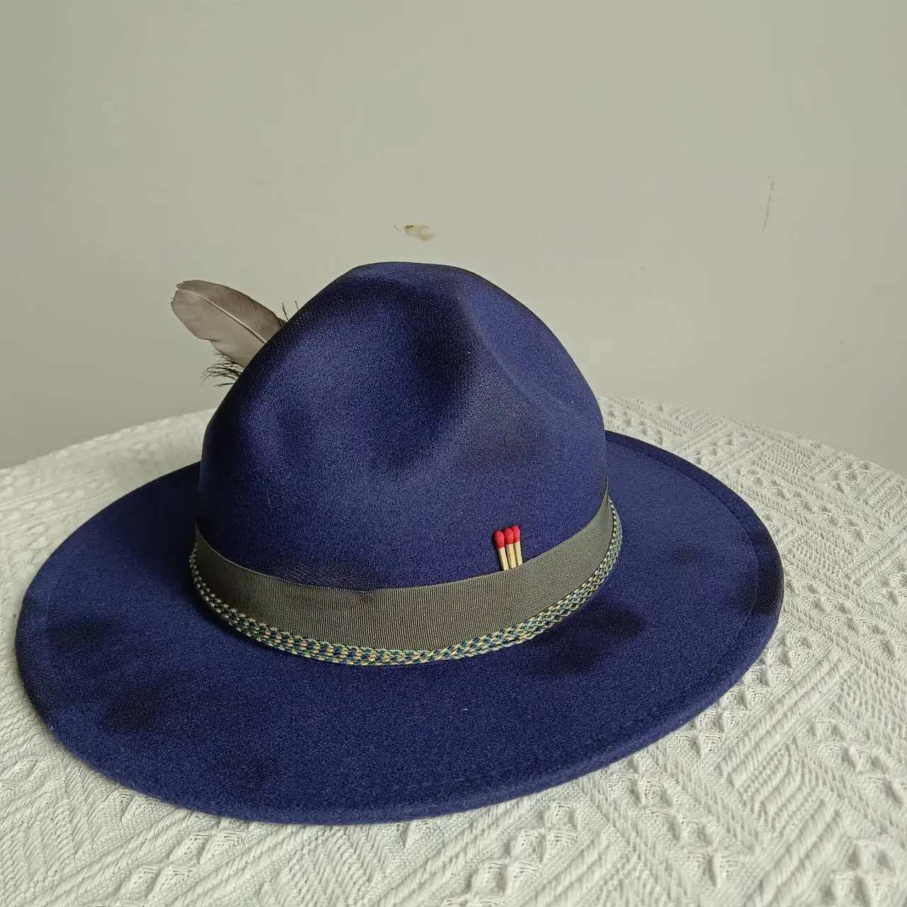 Edora Ranger Hat Navy Blue British Retro Hat Woven Feather Accessories Jazz Volcano Peak Police Felt Hat Panama Hat