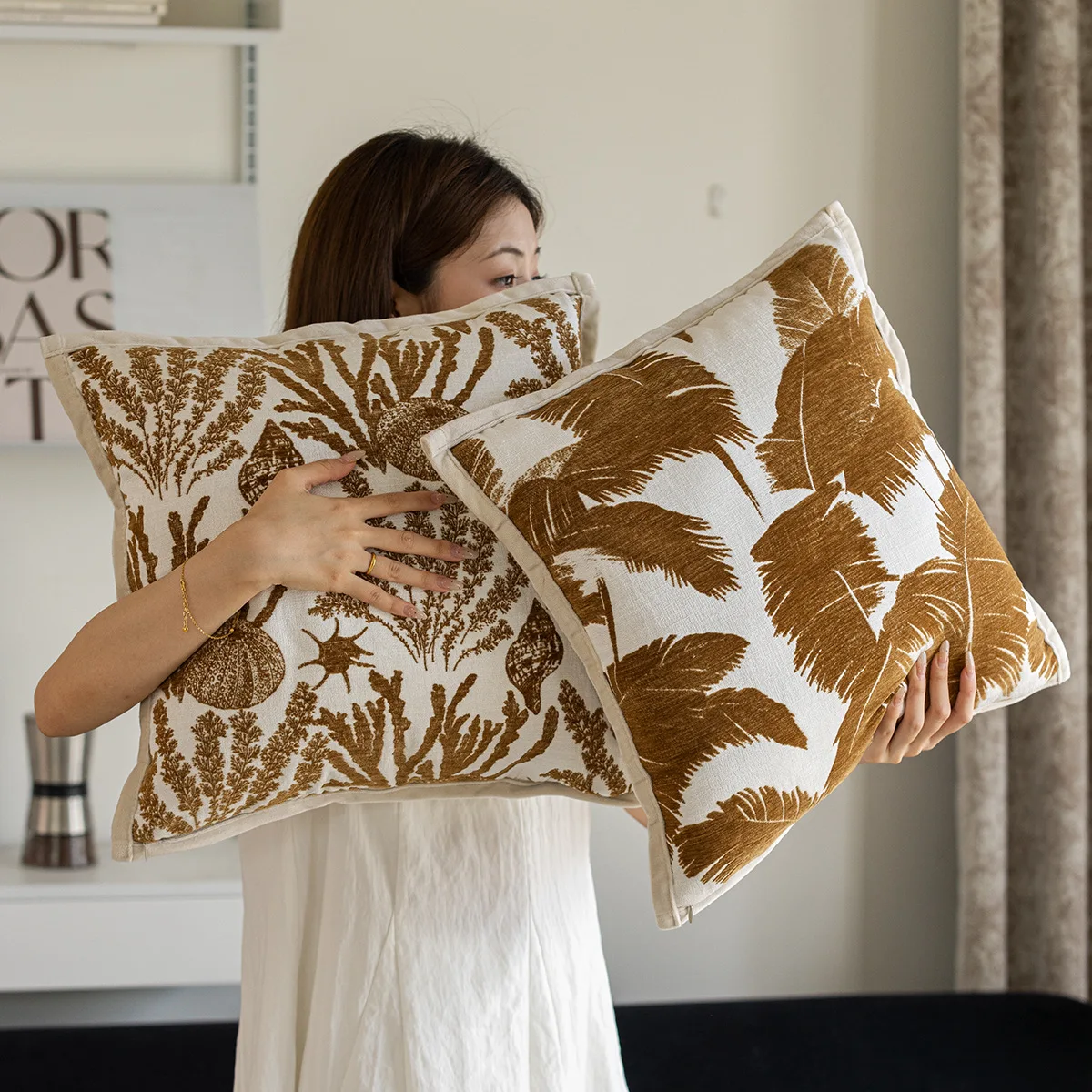 Luxury Orange Brown Jacquard Cushion Cover Luxury Square Chenille Pillow Covers Decorative Modern and Elegant Home  Pillow Case