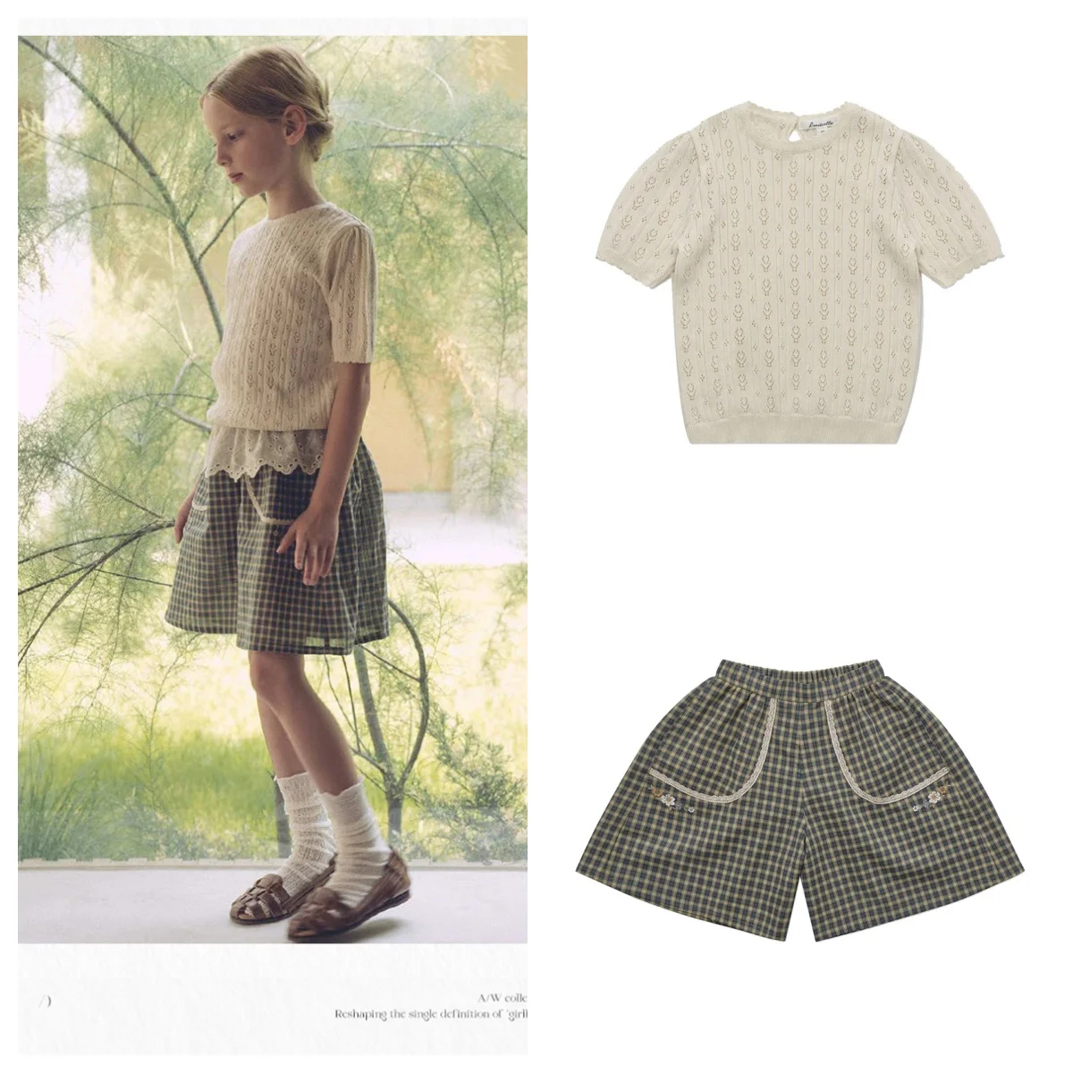 

New Spring And Summer Girls' And Children's Beige All-Cotton Short-Sleeved Knitted Checkered Tops+Short Pants Set In Stock