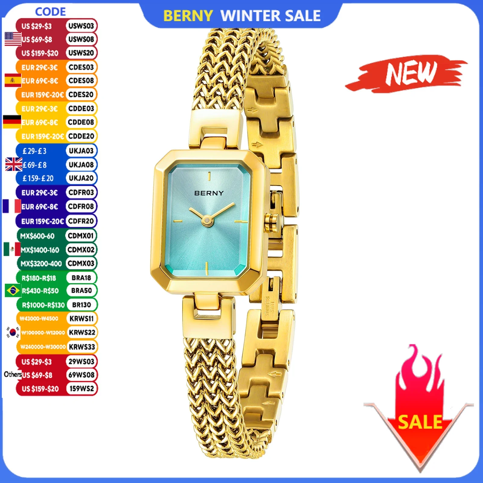 BERNY Rectangle Women Watch Golden Quartz Fashion Minimalist Wrist Watches 3ATM Stainless Steel Watch Band Gold Ladies Watches