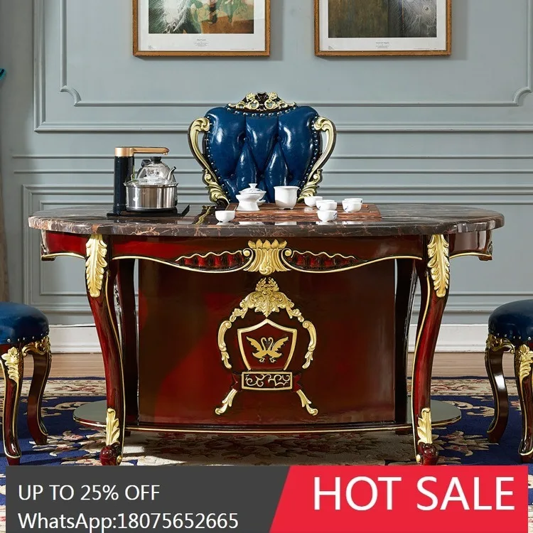 SGF European Style Marble Tea Table Red Carved Kung Fu Tea Brewing Table Multi-Functional