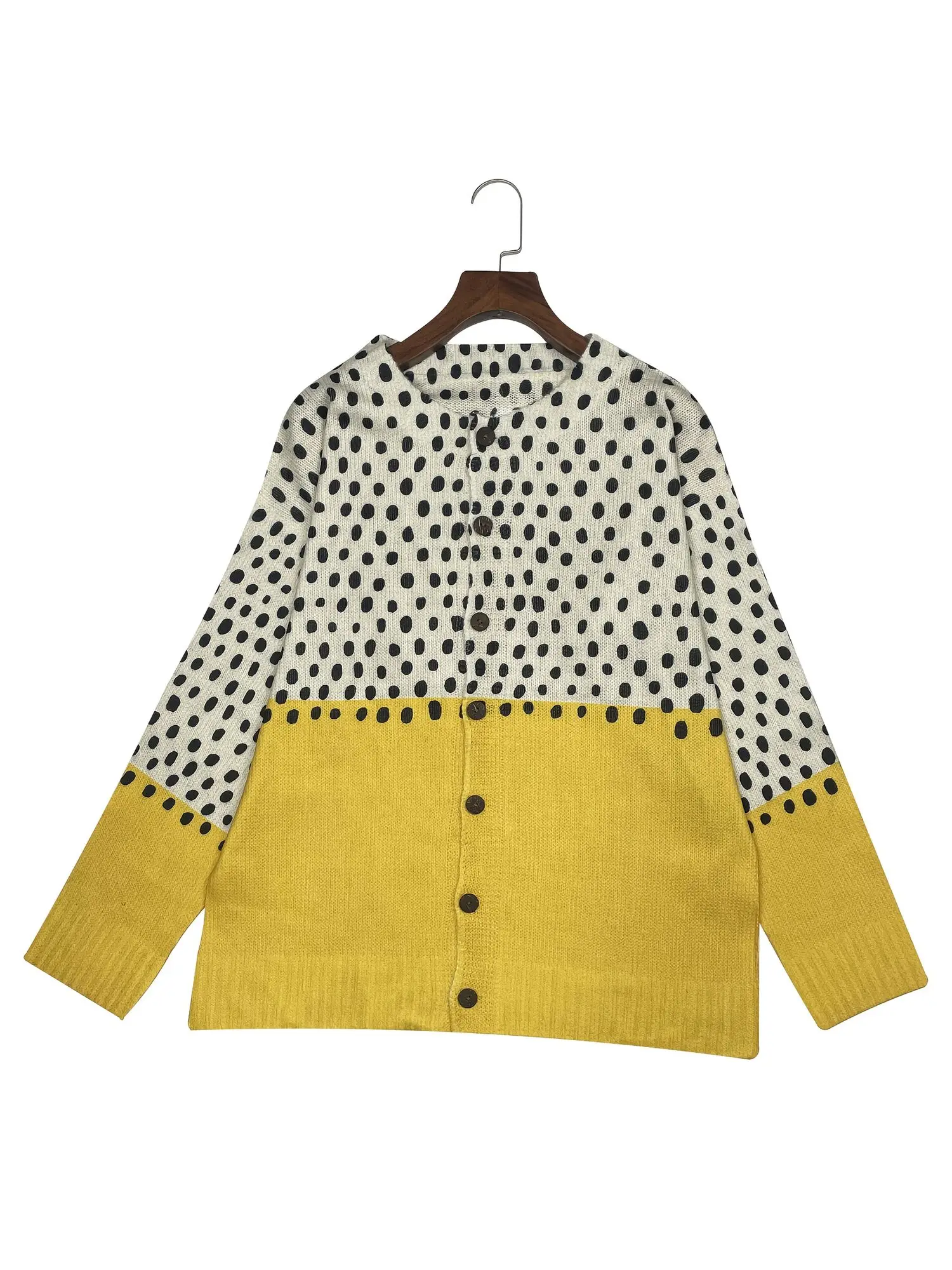 Ladies' Fashionable Yellow White Polka Dot Cardigan Round Neck, Button Knit Sweater, Gradient Design, Long Sleeves, Glossy