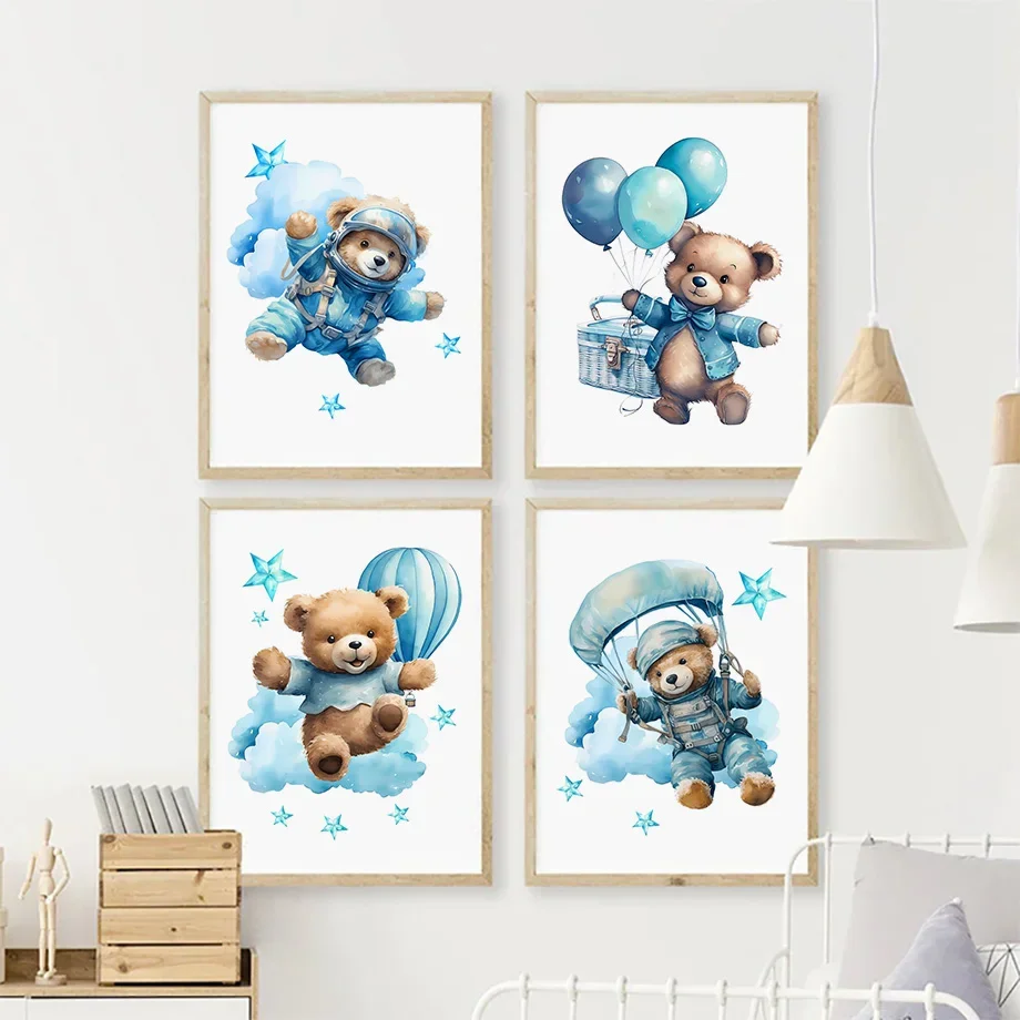 Cute Bear Blue Airplane Star Cloud Hot Air Balloon Nursery Prints Posters Wall Art Canvas Painting Pictures Baby Kids Room Decor