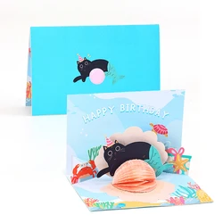 Cute Mermaid-cat Birthday Greeting Card With Envelope Exquisite Pearl Greetings Card Celebration Birthday Creative Handmade Gift