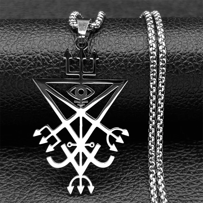 Siegel Kirche des Satans Dreizack Edelstahl Halskette Siegel von Luzifer LaVey Verstecktes Teufelsauge Silberfarbe Lange Halskette Schmuck – Detail 4