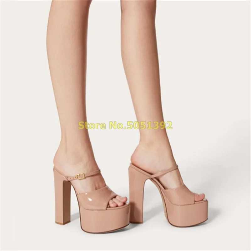 

Nude Black Patent Leather Slippers Block Heel Open Toe Platform Chunky Heel Fashion 2024 New Arrivals Summer Women Slides