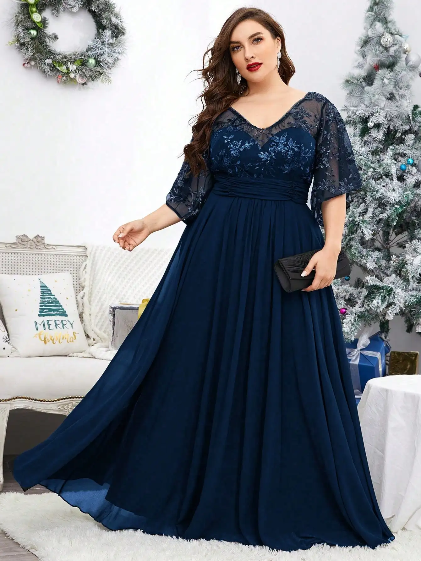 MGIACY V-neck sequined embroidered sheer flared sleeves patchwork chiffon long skirt