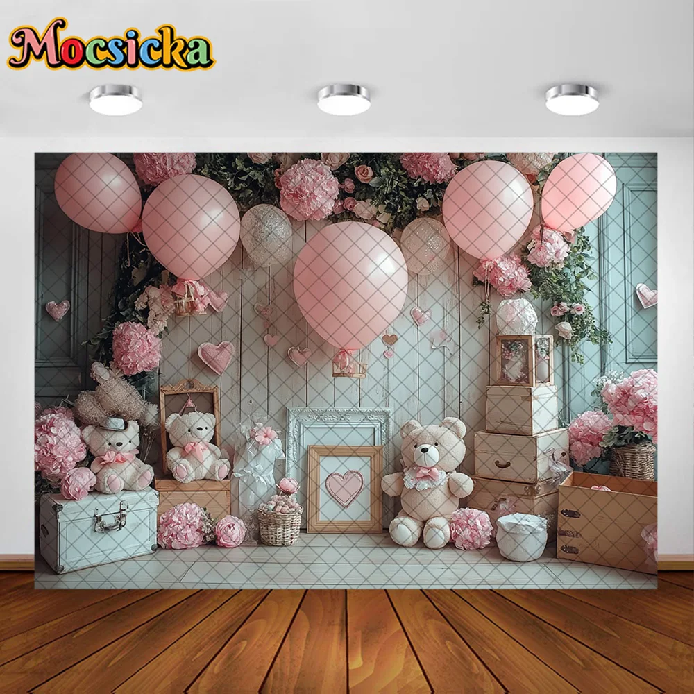 Mocsicka Fotografie Hintergrund Rosa Ballon Zimmer Plüsch Spielzeug Bär Dekoration Hintergrund Baby Dusche Neugeborenen 1. Geburtstag Party Prom