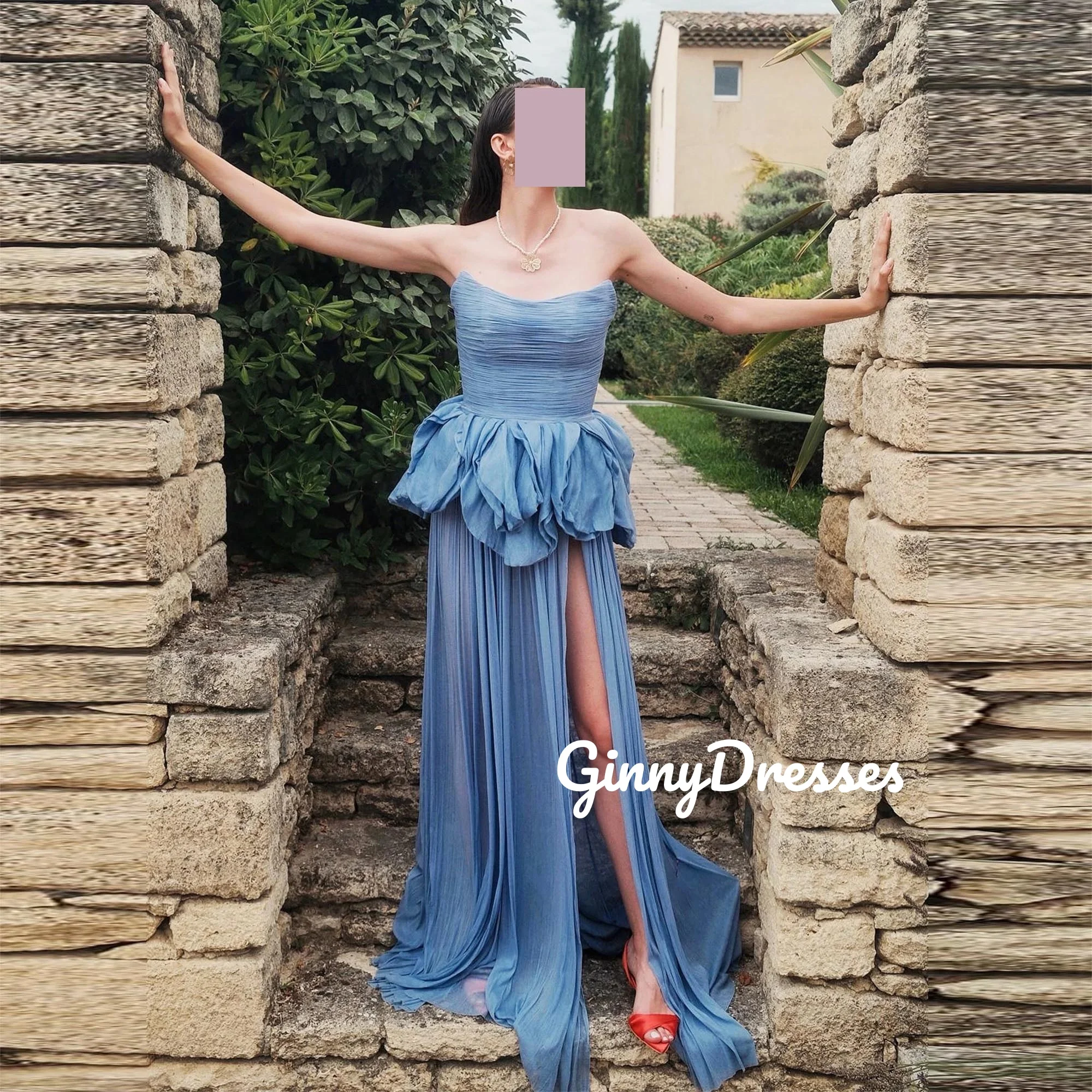 

فساتين سهرة Customize A-Line Split Strapless Elegant Party Dresses For Women Ruffle Floor-Length Dresses For Special Events Zipp