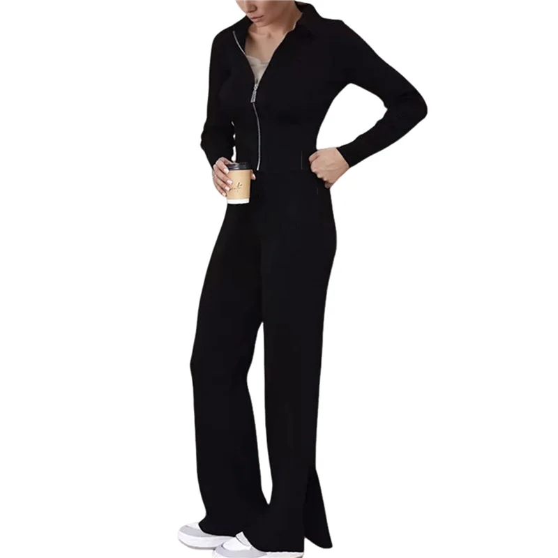 

Женский комплект из 2 предметов для отдыха, широкие спортивные штаны, толстовка с v-образным вырезом и длинными рукавами на молнии-A55G