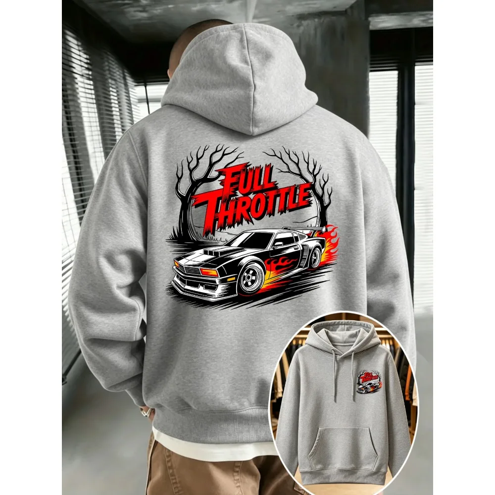 Aesthetic Racing Style Hoodie Retro Flame Race Car Bare Tree And Full Throttle Bold Text Front Back Print Loose Street Sweatshir