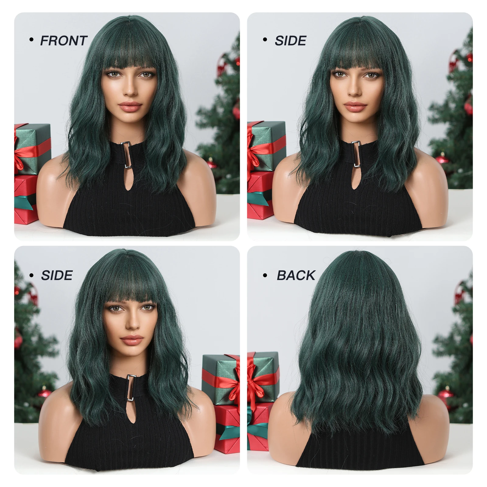 Short Bob Synthetic Wigs with Bangs Green Curly Wave Women Wigs Colorful Halloween Cosplay Party Hair Wigs Heat Resistant Fibers