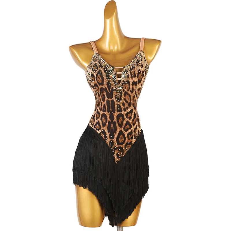 Latin Dance Dress leopard Lady junior latin dance costumes women fringe latin competition dress lq410