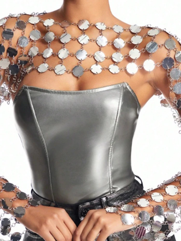 

Sexy Design Bead Hollow out Splicing Metal Sequin Long Sleeve Top Women's Commute Style Summer Breathable Short Length Shirt