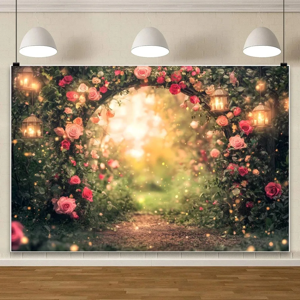 

Romantic Valentine's Day Flower Arch Background, Lantern Decoration Wedding Engagement Photography Studio Decoration Background