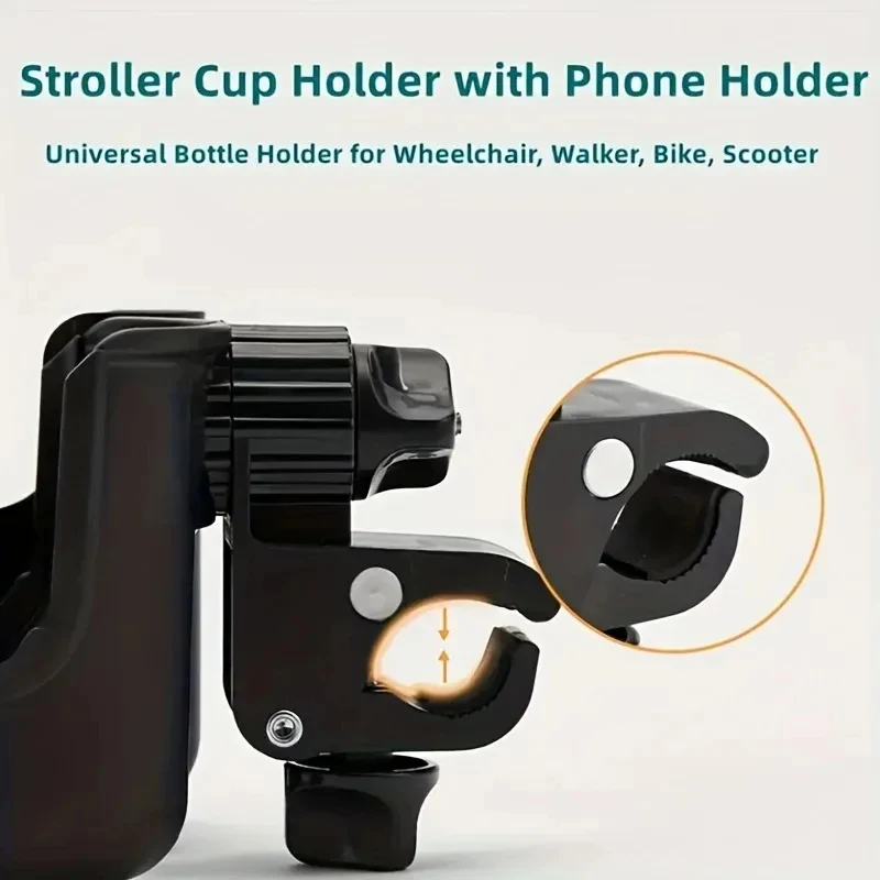 Suporte 2 em 1 para Copo e Celular para Carrinho de Bebê, Suporte Universal para Garrafa para Acessórios de Carrinho e Cadeira de Rodas