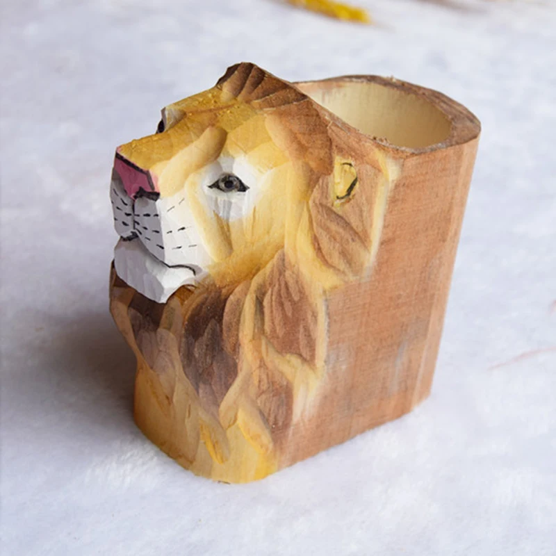 Animal Pencil Holder Office Desk Retro Wooden Pen Pot Cup Case Container Organiser Durable Makeup Brush Holder