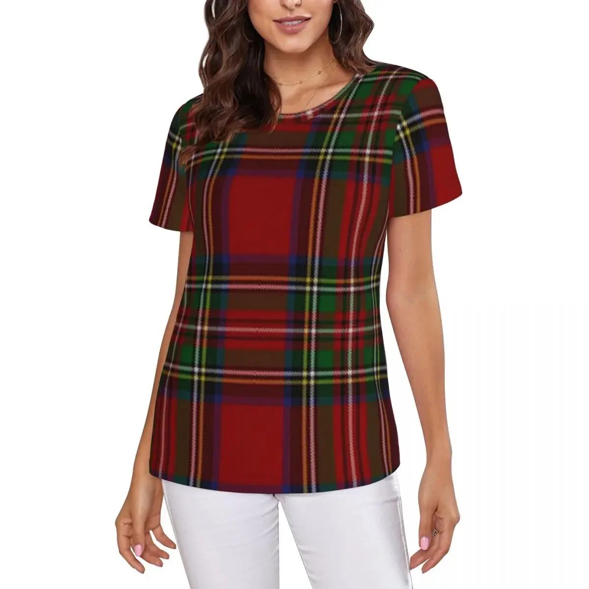 Royal Stewart Red Tartan T-Shirt Women Short Sleeve T Shirts Round Neck Streetwear Cotton Summer Tees Streetwear