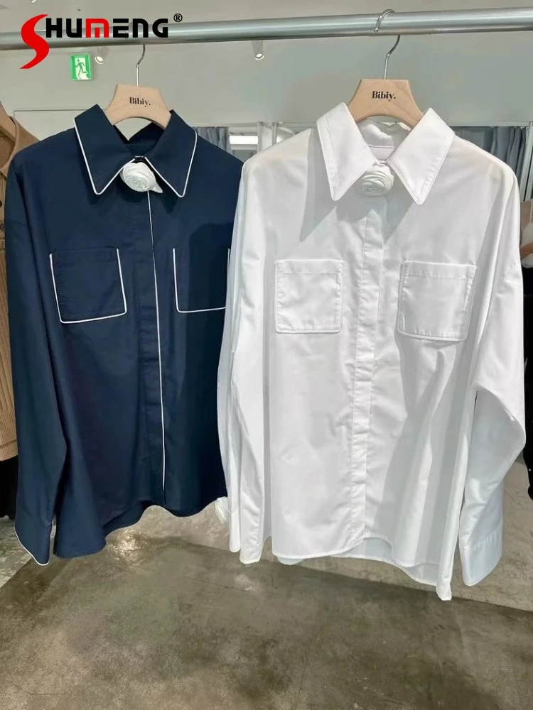 

Japanese Style Women's Long-sleeved Shirts Spring 2026 Ladies Loose Slim 3D Rose Sweet Elegant Casual Shirt Female Top Clothes