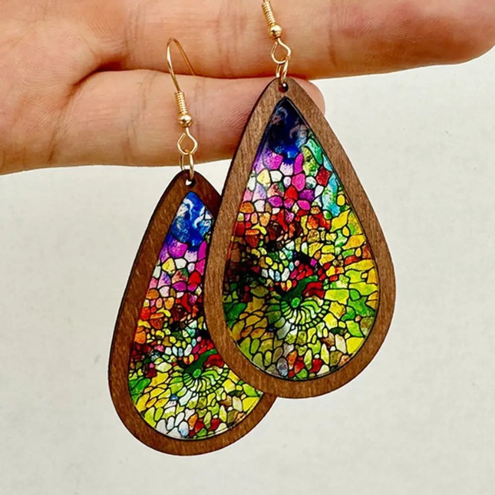 

Kaleidoscope Pattern Mosaic Stained Earrings Dangle Earring Vintage Colorful Statement Earrings Wood Bright Water Drop Earrings