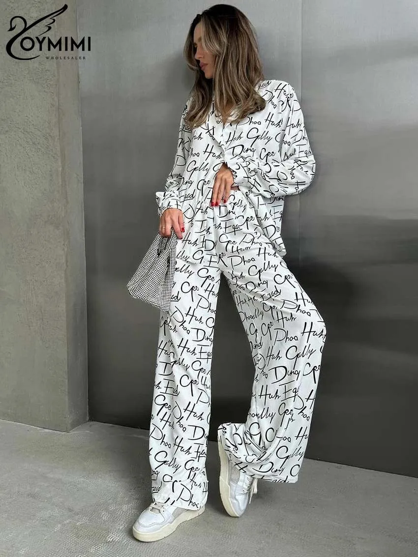 

Oymimi Casual White Print Women 2 Piece Set Outfit Elegant Long Sleeve Button Shirts And Straight Full Length Pants Female Sets