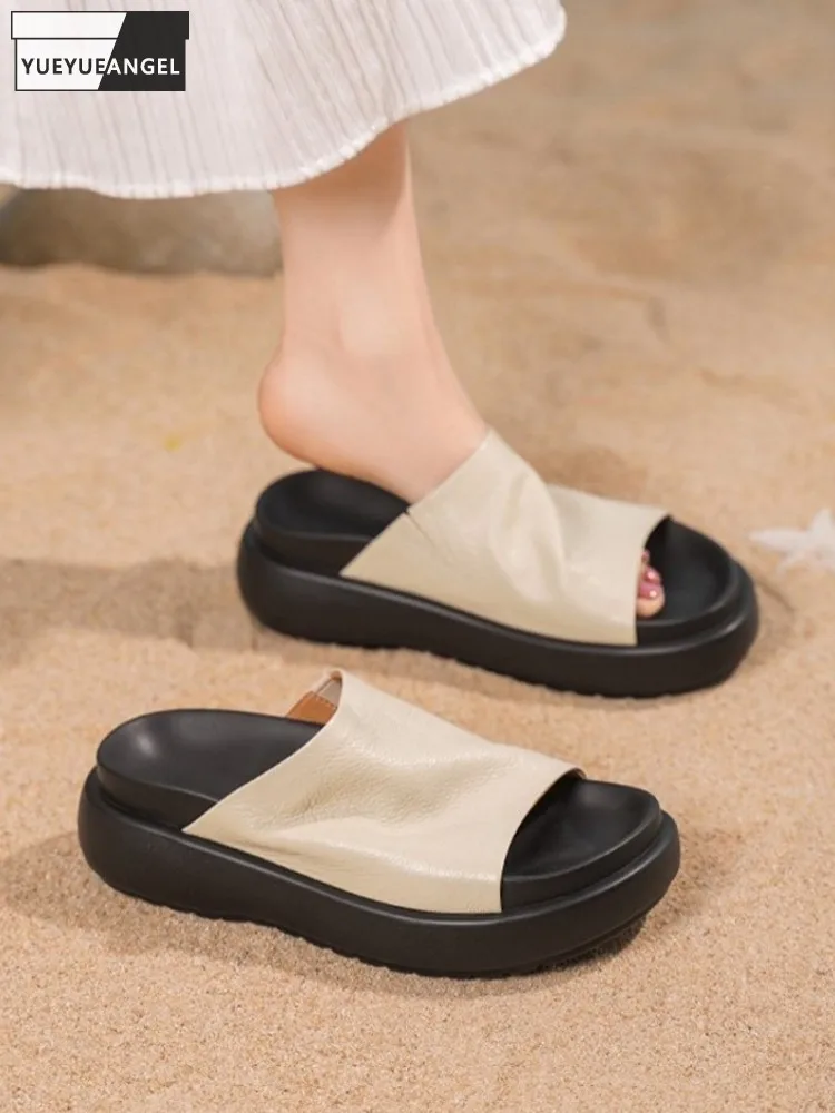Elegant Ladies Summer Open Toe Platform Slippers Sheepskin Genuine Leather Solid Color Women Leisure Height Increase Beach Shoes