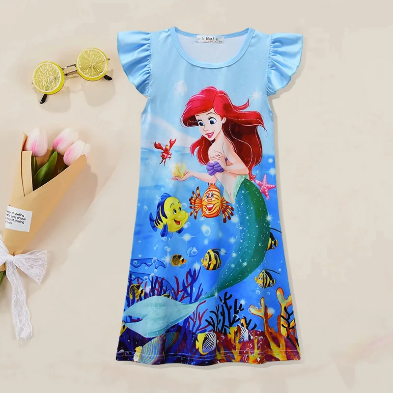 Cartoon Cotton Mermaid Dresses New Fashion Baby Girls Dresses Summer 3-8Years Forck Princess Dress Children's Girl Clothing