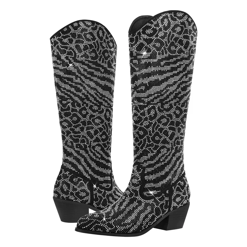 Onlymaker Women Western Cowboy Boots Pointed Toe Knee High Boots WWide Calf Block Heel Pull-On Cowgirl Boots