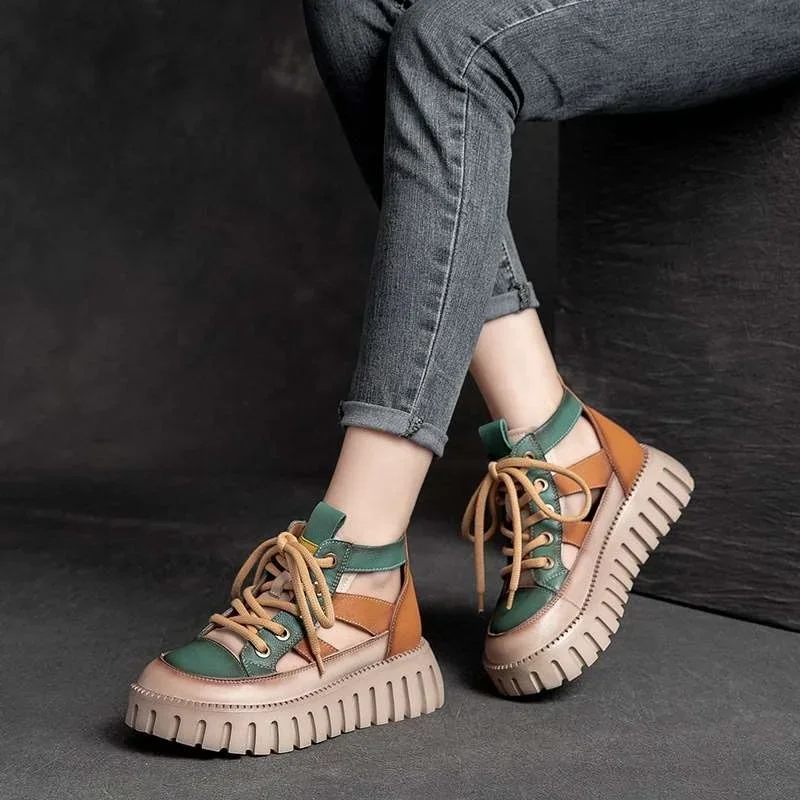 Careaymade-Thick Soled Hollow Hole Sandals Women's Sponge Cake Shoes,Summer Color Blocking Retro Bag Toe Roman Sandals comfort